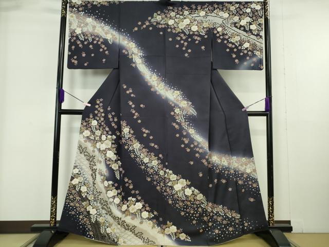 平和屋本店●極上 中国三大刺繍 相良刺繍 訪問着 辻が花 藍鉄色地 金糸 逸品 DZAB6177kh6