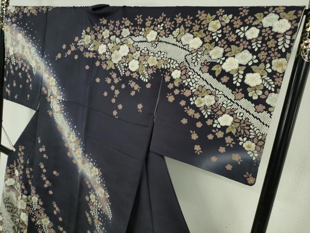 平和屋本店●極上 中国三大刺繍 相良刺繍 訪問着 辻が花 藍鉄色地 金糸 逸品 DZAB6177kh6