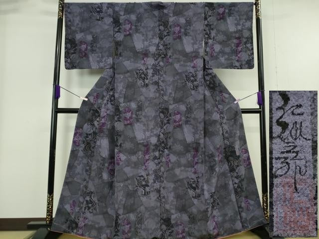 平和屋本店●極上 前田仁仙 仁仙更紗 小紋 更紗花文 鬼しぼ縮緬 逸品 未使用 DZAB6184kh6