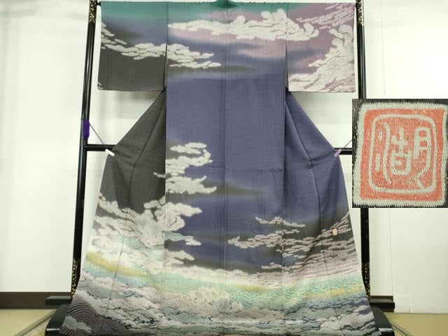 平和屋本店●極上 十日町 名門 滝泰謹製絞り 中国三大刺繍 相良刺繍 訪問着 暈し染め 金糸 金通し地 ロング丈 逸品 DZAB6190kh6