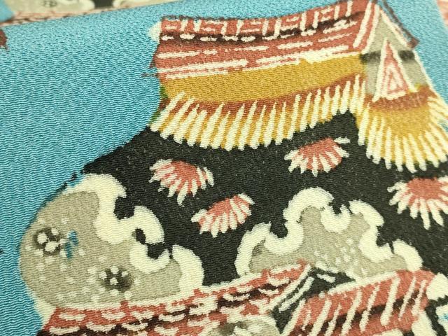 平和屋本店●極上 人間国宝 芹沢圭介 型絵染 九寸名古屋帯 風景文 水色 鬼しぼ縮緬 落款有り 逸品 DZAB6211kh6