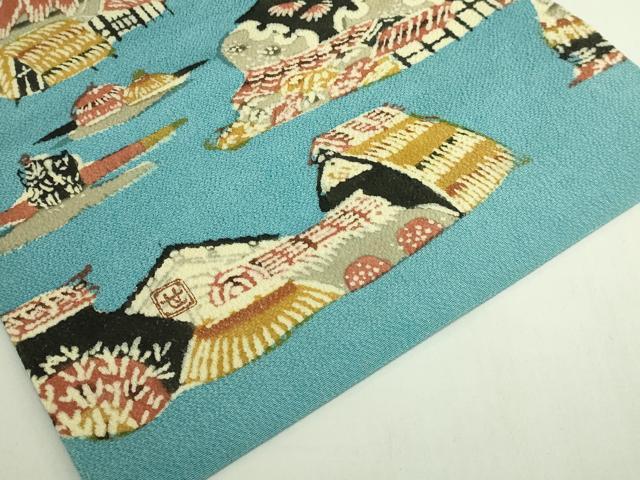 平和屋本店●極上 人間国宝 芹沢圭介 型絵染 九寸名古屋帯 風景文 水色 鬼しぼ縮緬 落款有り 逸品 DZAB6211kh6