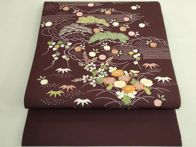 平和屋本店●極上 塩瀬 九寸開き名古屋帯 駒刺繍 御所解花文 金糸 濃い葡萄茶色地 逸品 DZAB6213kh6