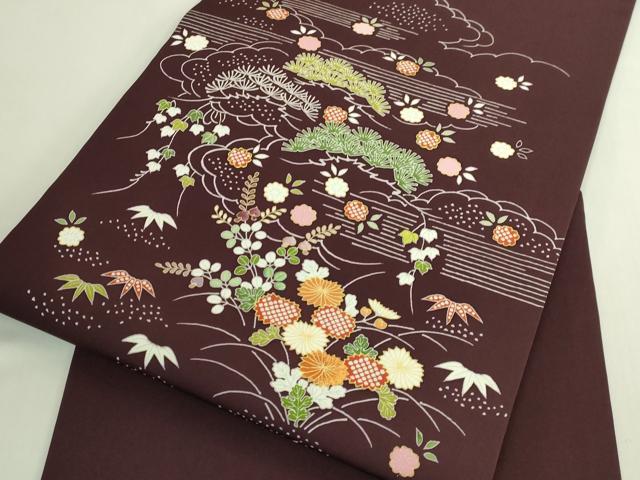 平和屋本店●極上 塩瀬 九寸開き名古屋帯 駒刺繍 御所解花文 金糸 濃い葡萄茶色地 逸品 DZAB6213kh6