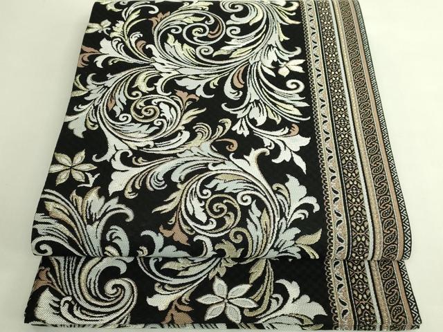 平和屋着物●極上 両面 全通柄袋帯 唐草文 黒地 金糸 逸品 DZAB6219kh6