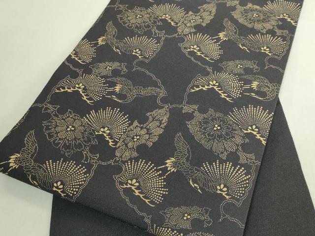 平和屋着物●極上 九寸開き名古屋帯 印傳 雪輪飛鶴花松文 墨色地 逸品 DZAB6233kh6