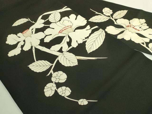 平和屋本店●極上 京都祇園の老舗 ぎをん齋藤 塩瀬 九寸名古屋帯 刺繍 枝花文 黒地 逸品 DZAB6255kh6