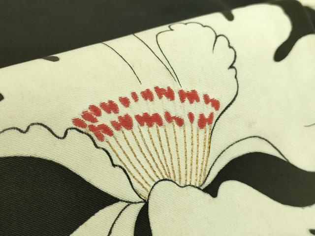 平和屋本店●極上 京都祇園の老舗 ぎをん齋藤 塩瀬 九寸名古屋帯 刺繍 枝花文 黒地 逸品 DZAB6255kh6
