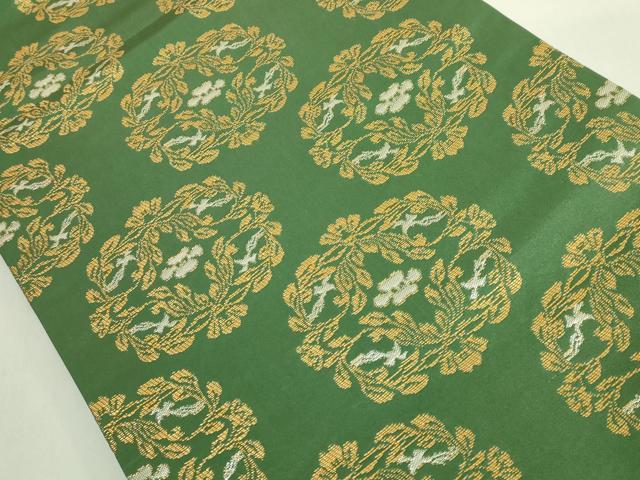 平和屋着物●極上 龍村晋謹製 全通柄袋帯 天平花葉丸文錦 常磐色地 金銀糸 逸品 DZAB6270kh6