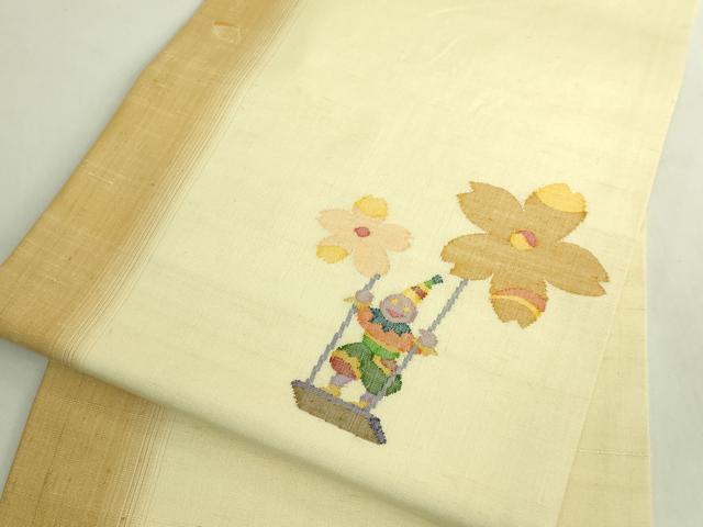 平和屋着物●極上 九寸名古屋帯 紬地 舞桜 ピエロ ブランコ 逸品 DZAB6285kh6