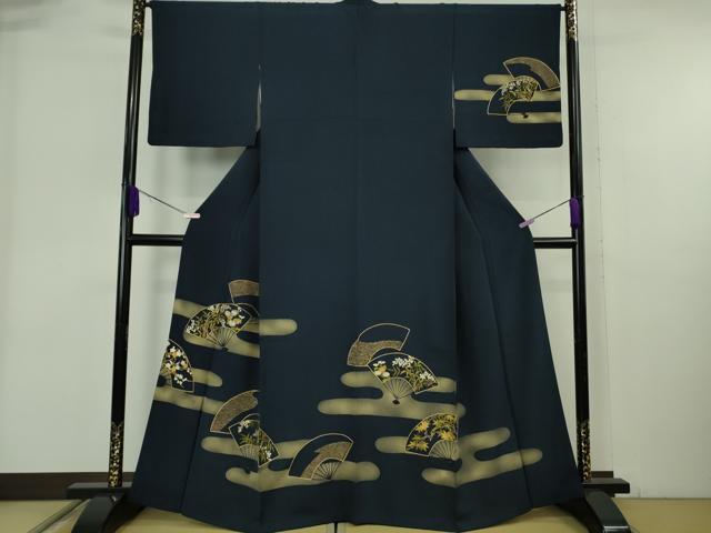 平和屋着物●極上 訪問着 駒刺繍 エ霞 扇面花文 濃藍色地 金彩 逸品 DZAB6319kh6
