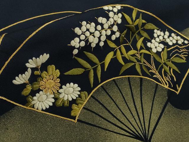 平和屋着物●極上 訪問着 駒刺繍 エ霞 扇面花文 濃藍色地 金彩 逸品 DZAB6319kh6