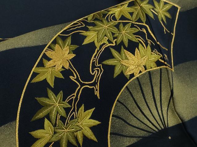 平和屋着物●極上 訪問着 駒刺繍 エ霞 扇面花文 濃藍色地 金彩 逸品 DZAB6319kh6