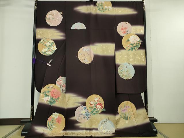 平和屋本店●極上 振袖 駒刺繍 四季花鳥丸文 濃い桑の実色地 暈し染め 金彩 逸品 DZAB6320kh6