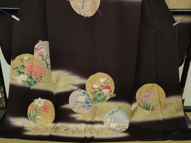 平和屋本店●極上 振袖 駒刺繍 四季花鳥丸文 濃い桑の実色地 暈し染め 金彩 逸品 DZAB6320kh6