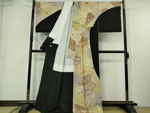 平和屋本店●極上 訪問着 駒刺繍 切嵌花文 黒地 金彩 逸品 DZAB6321kh6