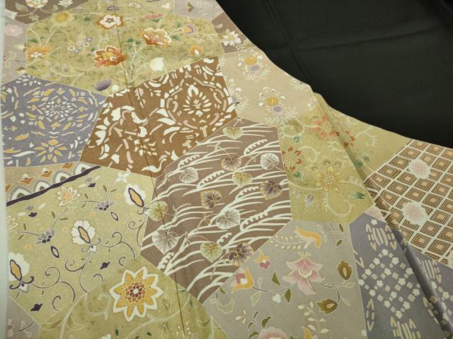 平和屋本店●極上 訪問着 駒刺繍 切嵌花文 黒地 金彩 逸品 DZAB6321kh6
