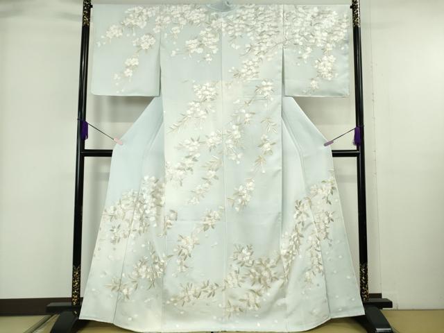 平和屋本店●極上 訪問着 総手刺繍 枝垂れ桜 藍白色地 暈し染め 金糸 逸品 未使用 DZAB6323kh6