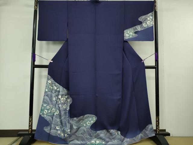 平和屋着物●極上 訪問着 立波更紗花文 鉄紺色地 暈し染め 金銀彩 逸品 DZAB6329kh6