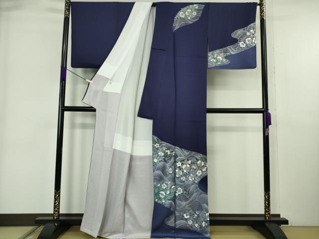 平和屋着物●極上 訪問着 立波更紗花文 鉄紺色地 暈し染め 金銀彩 逸品 DZAB6329kh6