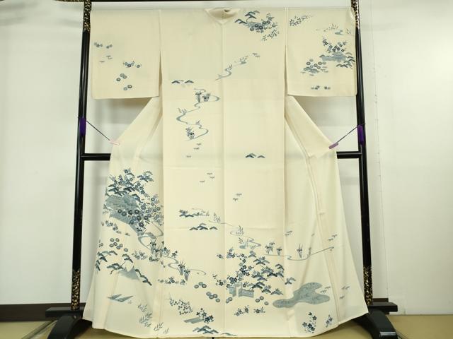 平和屋本店▽極上 訪問着 単衣 本藍 風景花文 鳥の子色地 逸品 未使用 DZAB6352kh6