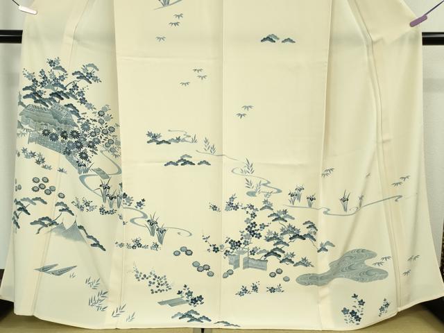 平和屋本店▽極上 訪問着 単衣 本藍 風景花文 鳥の子色地 逸品 未使用 DZAB6352kh6