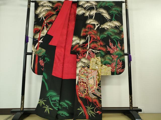 平和屋本店●極上 アンティーク 大正ロマン 振袖・長襦袢(袷)セット 駒刺繍 御所車梅松文 黒地 金彩 逸品 DZAB6355kh6