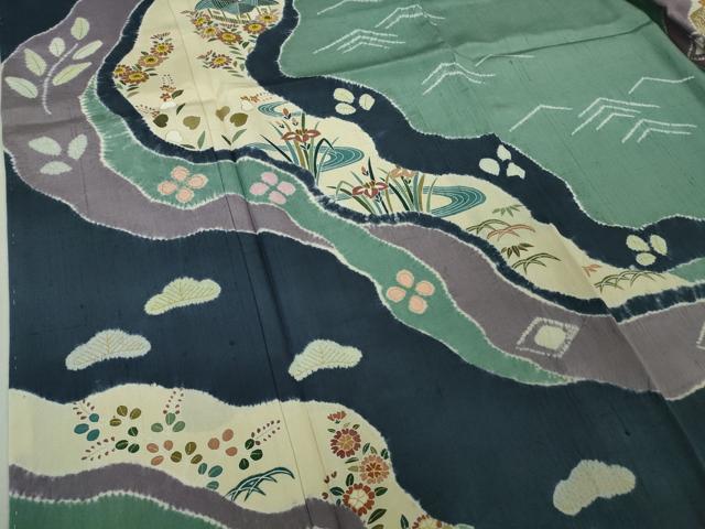 平和屋着物●極上 京友禅の第一人者 松井青々 訪問着 紬地 絞り 風景花文 逸品 未使用 DZAB6368kh6