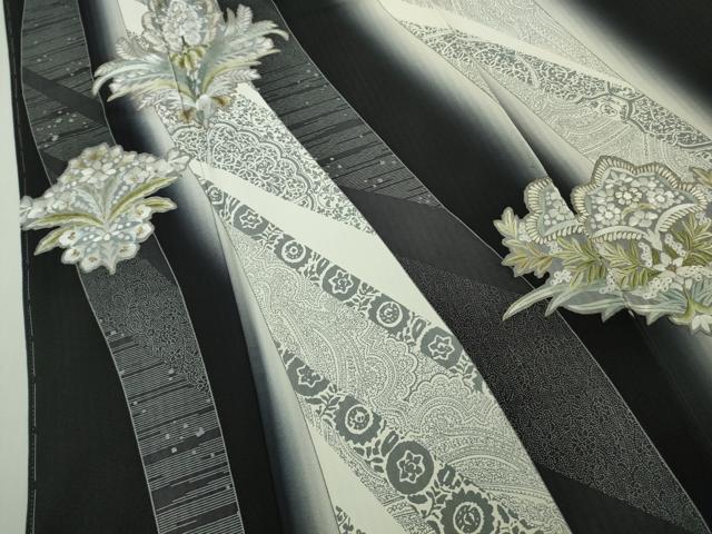 平和屋本店●極上 訪問着 総手刺繍 洋花文 ペイズリー柄 黒地 暈し染め 金糸 逸品 未使用 DZAB6385kh6