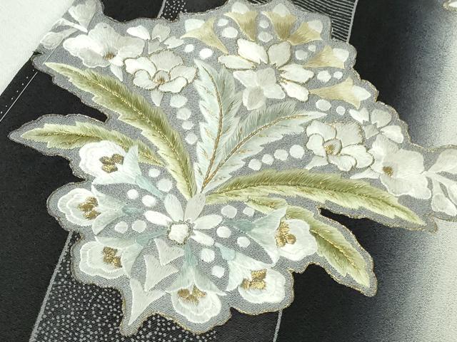 平和屋本店●極上 訪問着 総手刺繍 洋花文 ペイズリー柄 黒地 暈し染め 金糸 逸品 未使用 DZAB6385kh6