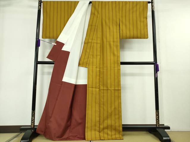 平和屋本店●極上 山下八百子 本場黄八丈 市松綾織 紬 縞 逸品 DZAB6394kh6