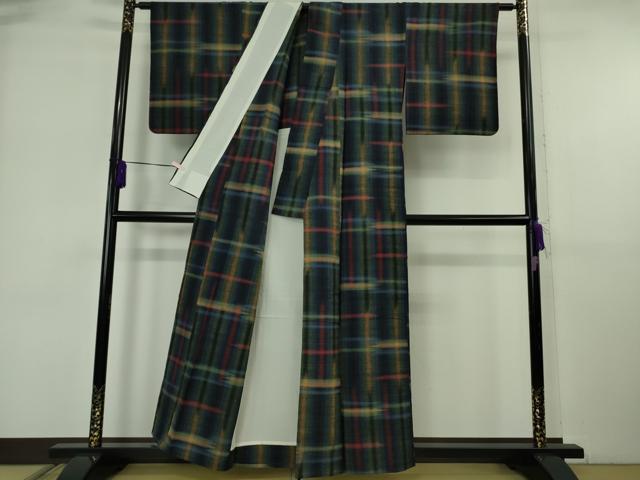 平和屋本店▽極上 郡上紬 草木染 単衣 変わり格子 逸品 DZAB6395kh6