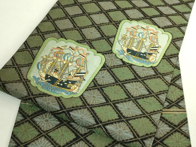 平和屋着物●極上 西陣 川島織物 九寸名古屋帯 唐織 南蛮船 黒地 金糸 逸品 DZAB6405kh6