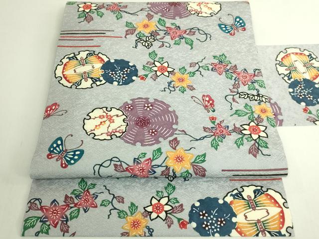 平和屋本店●極上 本場琉球紅型 平野晋二郎 九寸名古屋帯 雪輪花鳥文 淡藤色地 参考資料付き 逸品 DZAB6406kh6