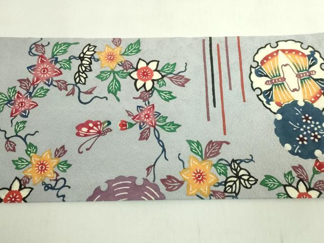 平和屋本店●極上 本場琉球紅型 平野晋二郎 九寸名古屋帯 雪輪花鳥文 淡藤色地 参考資料付き 逸品 DZAB6406kh6