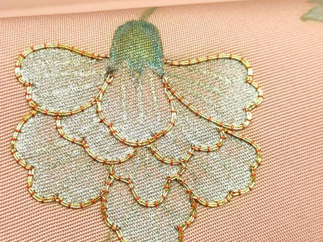 平和屋着物●極上 塩瀬 九寸開き名古屋帯 駒刺繍 更紗花文 深支子色地 金銀彩 逸品 DZAB6407kh6