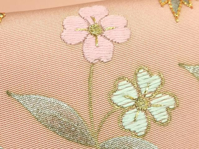 平和屋着物●極上 塩瀬 九寸開き名古屋帯 駒刺繍 更紗花文 深支子色地 金銀彩 逸品 DZAB6407kh6