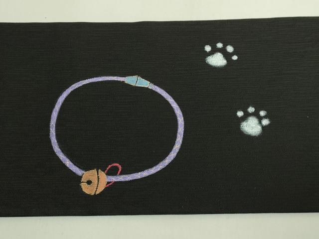 平和屋本店●極上 九寸名古屋帯 三毛猫 絹菱 黒地 反端付き 逸品 新品 DZAB6409kh6