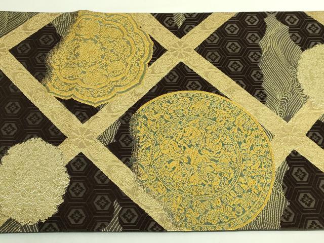 平和屋本店●極上 山口美術織物 皇室 伊勢神宮御用 西陣織 太鼓柄袋帯 唐織 格天井葡萄鏡文 憲法黒茶色地 逸品 DZAB6445kh6