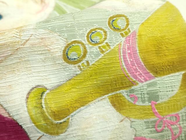 平和屋本店●希少 つけ帯 手描き キューピー 紙風船 ラッパ ビリヤード 銀彩 逸品 DZAB6458kh6