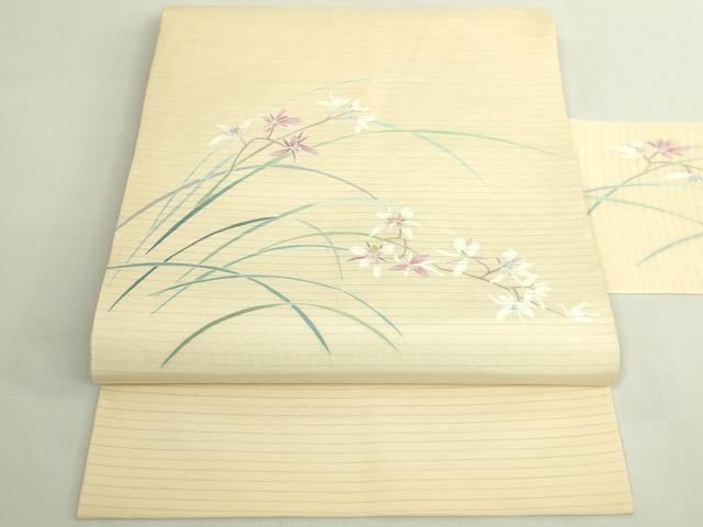 平和屋着物*極上 夏物 絽塩瀬 九寸名古屋帯 友禅 作家物 草花文 薄い砥粉色地 逸品 DZAB6473kh6