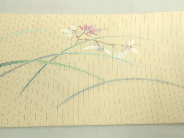 平和屋着物*極上 夏物 絽塩瀬 九寸名古屋帯 友禅 作家物 草花文 薄い砥粉色地 逸品 DZAB6473kh6