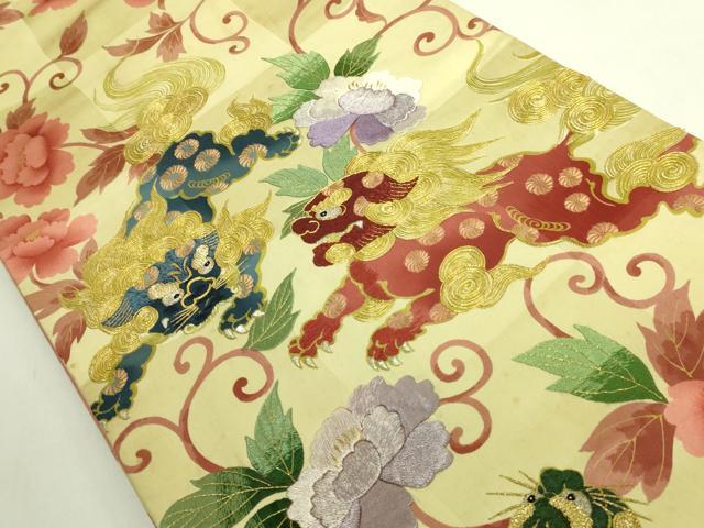 平和屋本店●極上 アンティーク 大正ロマン 全通柄 京袋帯 手刺繍 唐獅子 金銀糸 逸品 DZAB6474kh6