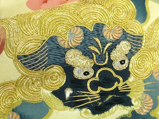 平和屋本店●極上 アンティーク 大正ロマン 全通柄 京袋帯 手刺繍 唐獅子 金銀糸 逸品 DZAB6474kh6