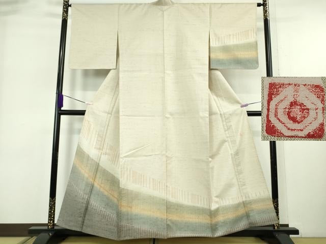 平和屋着物▽極上 石川県指定無形文化財 牛首紬 白山工房 手織り 単衣 練色地 逸品 未使用 DZAB6505kh6