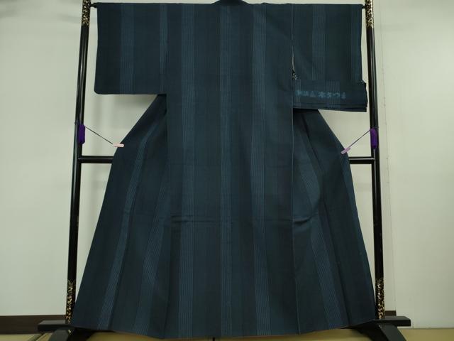 平和屋本店●極上 綿薩摩 本さつま 木綿 縞 濃藍色×藍色 反端付き 逸品 DZAB6506kh6