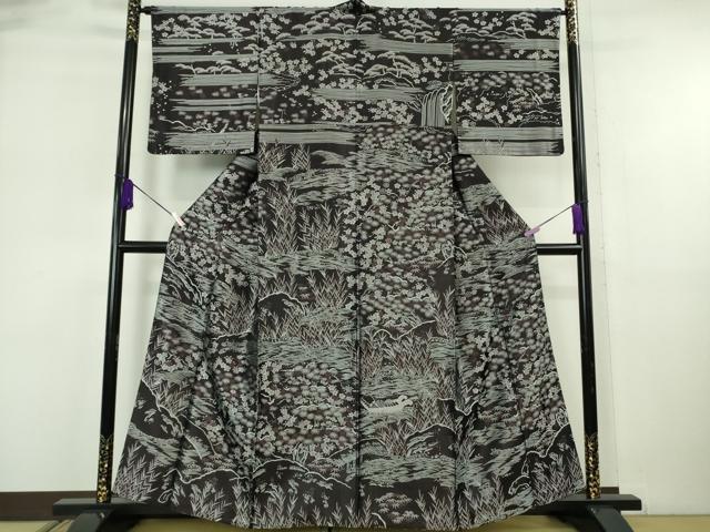 平和屋本店●極上 創業200年・7代目永治屋清左衛門 訪問着 お召地 水辺風景花文 紫黒色地 逸品 DZAB6507kh6