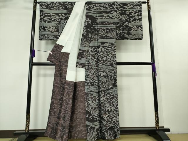 平和屋本店●極上 創業200年・7代目永治屋清左衛門 訪問着 お召地 水辺風景花文 紫黒色地 逸品 DZAB6507kh6