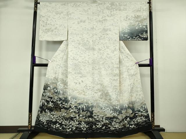 平和屋本店●極上 中国三大刺繍 スワトウ刺繍 汕頭刺繍 訪問着 人物風景花文 象牙色地 暈し染め 金糸 逸品 DZAB6515kh6