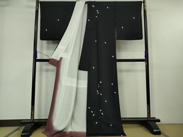 平和屋本店●極上 洛楽人工房 国兼屋 訪問着 舞桜 花弁 黒地 鬼しぼ縮緬 ロング丈 逸品 DZAB6518kh6